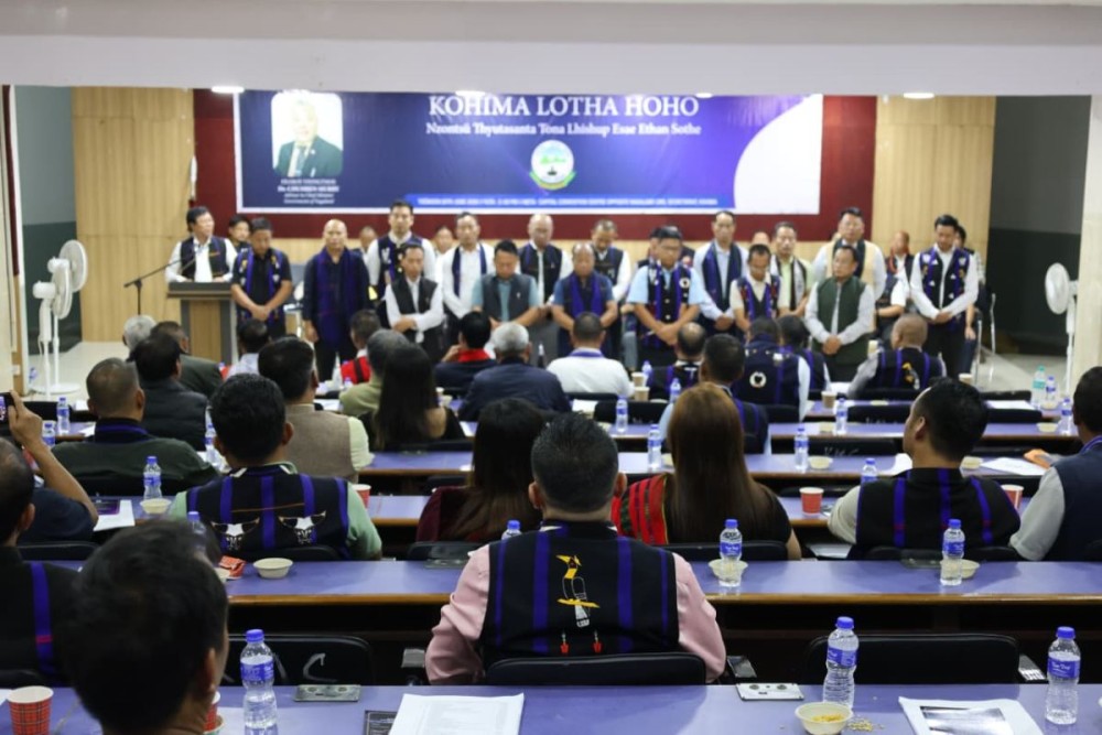 Newly inducted office bearers of the Kohima Lotha Hoho for the 2026–2029 tenure take part in the general meeting-cum-induction programme at the Capital Convention Centre, Kohima, on June 30.